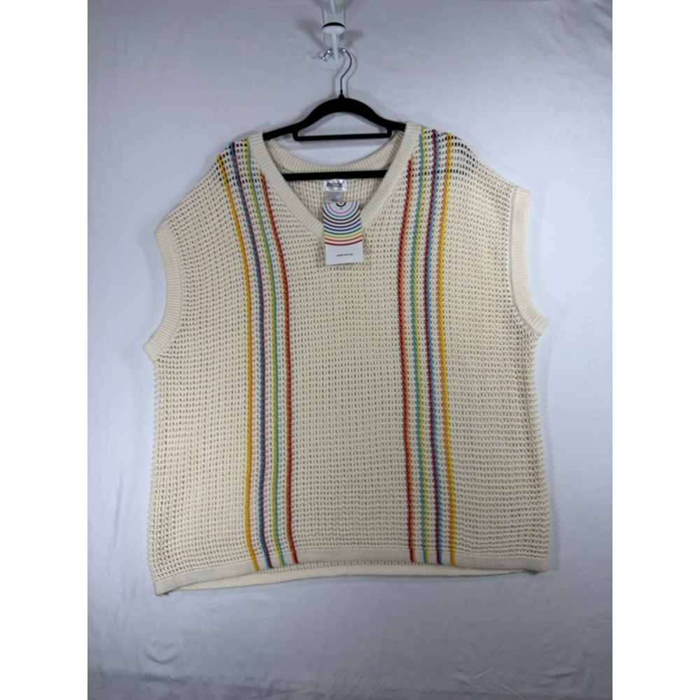 Pride Sweater Vest Adult Large Cream Rainbow New NWT Open Knit Striped V-Neck